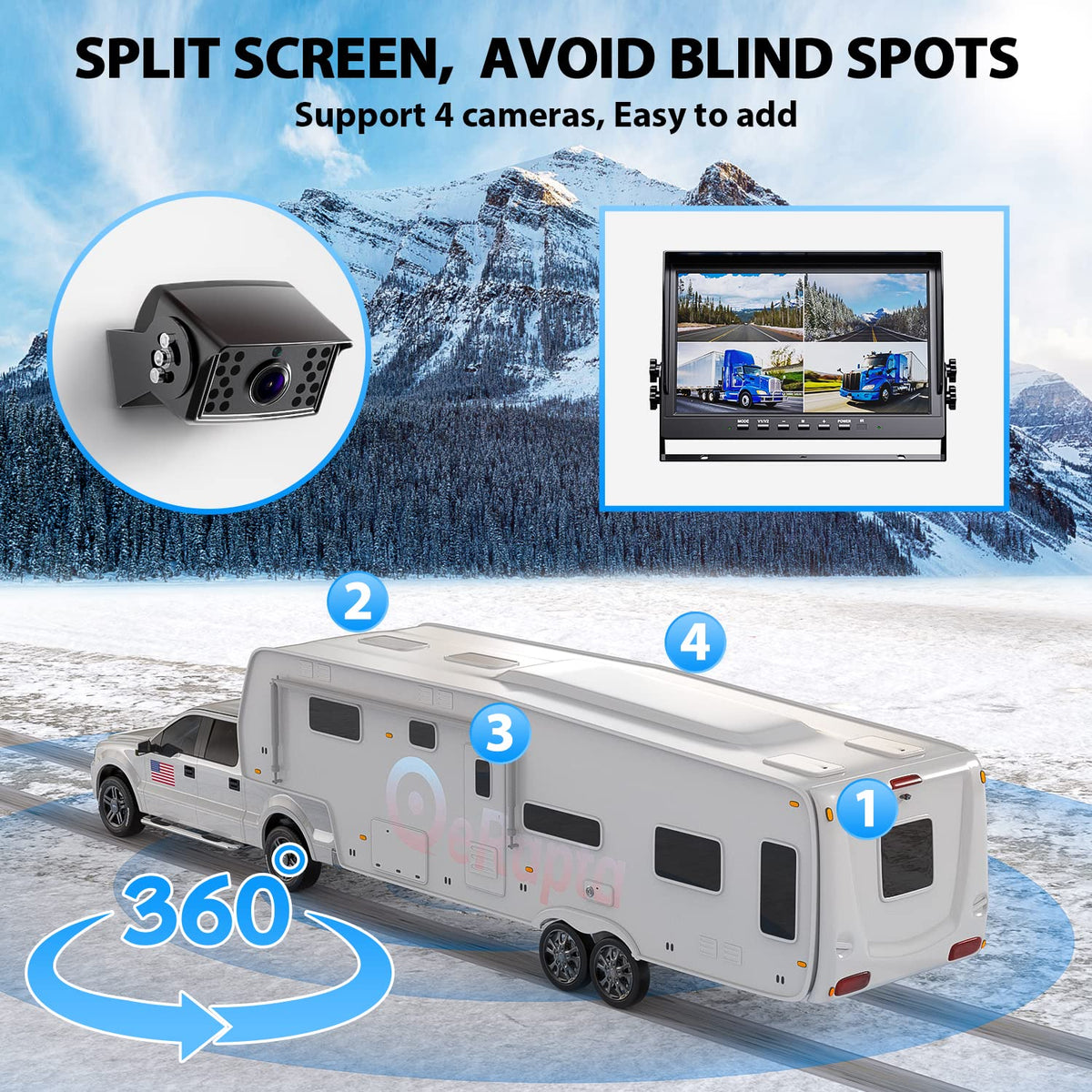 eRapta rear-view camera assembly offers wide field visibility for safer maneuvering.