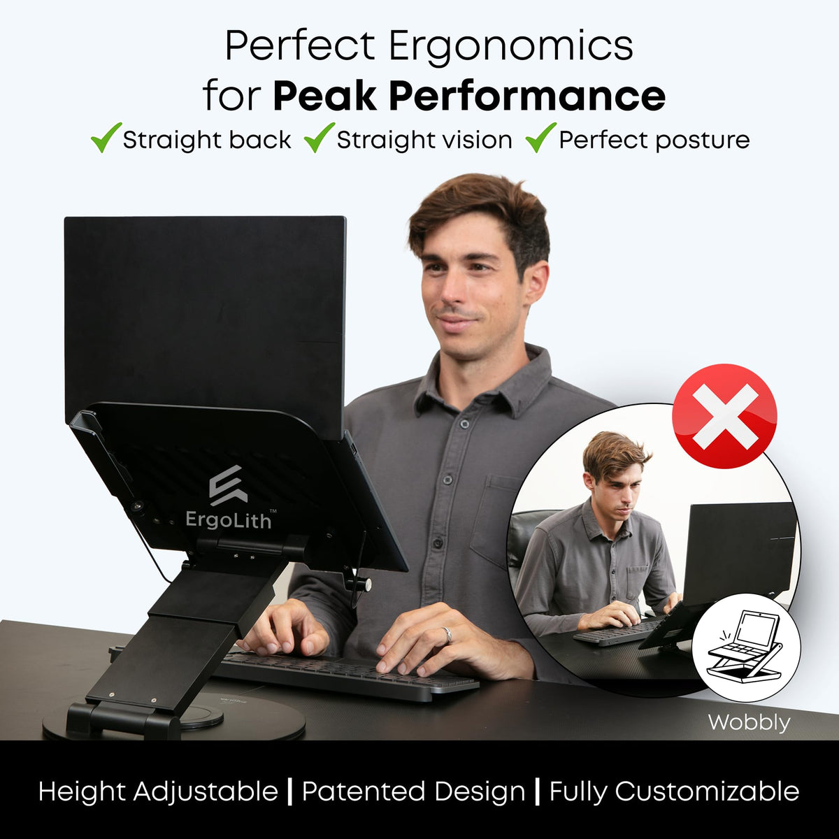 ErgoLith 360° rotating display enables versatile screen angles and easy sharing.