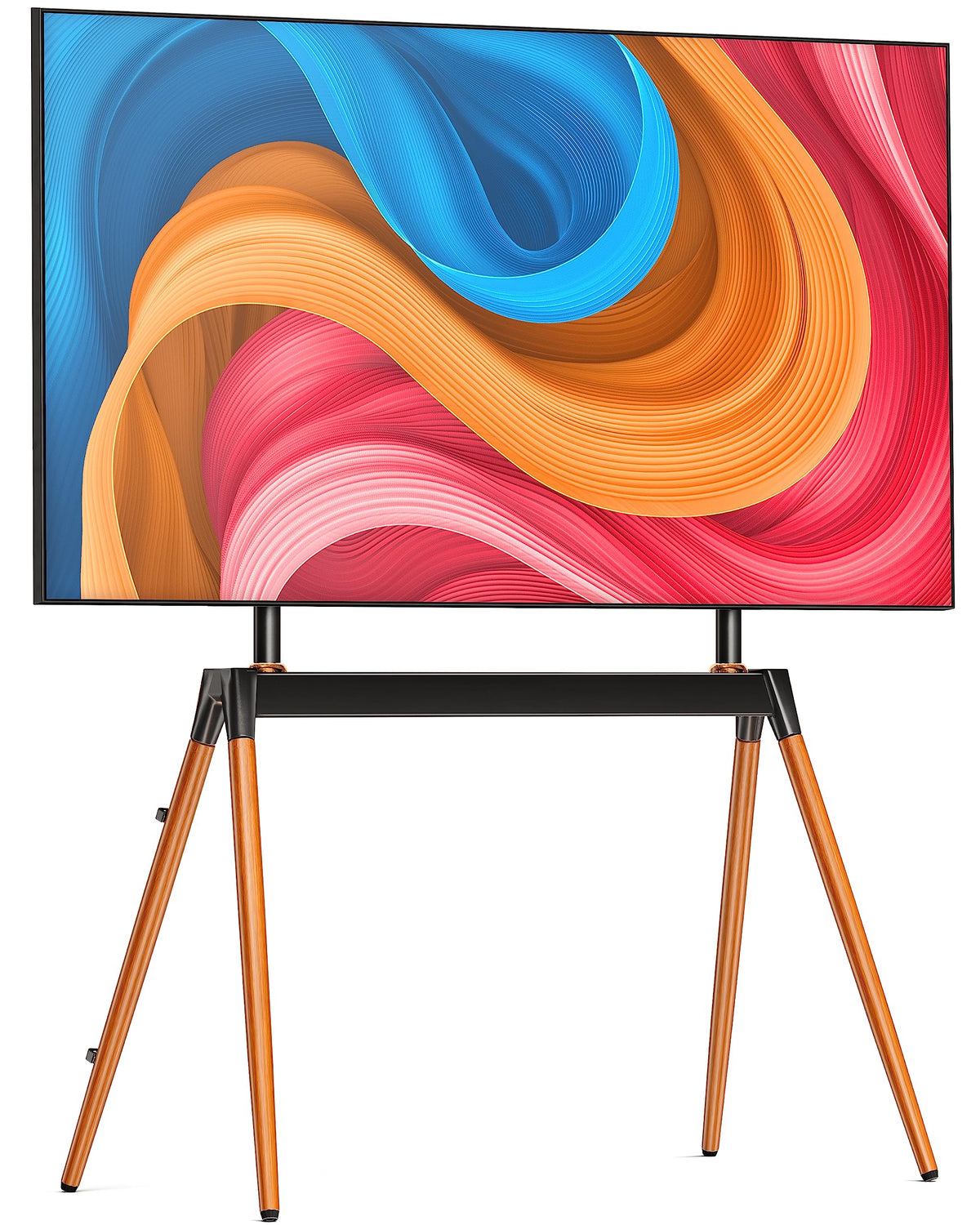 Ergounion Easel TV Stand with wood legs offers sturdy support for large screens in living rooms.