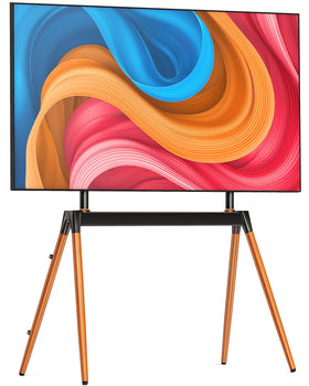 Ergounion Easel TV Stand with wood legs offers sturdy support for large screens in living rooms.