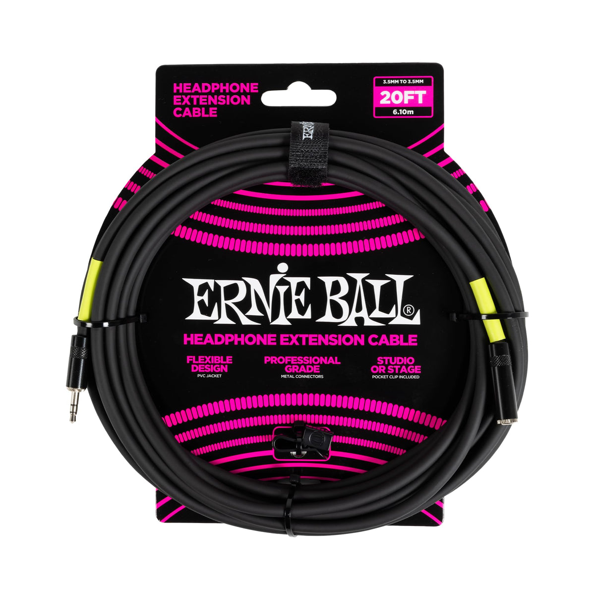 Ernie Ball headphone extension cable 20ft in black for stage and studio monitoring.