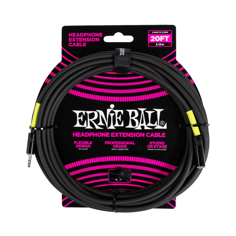 Ernie Ball headphone extension cable 20ft in black for stage and studio monitoring.