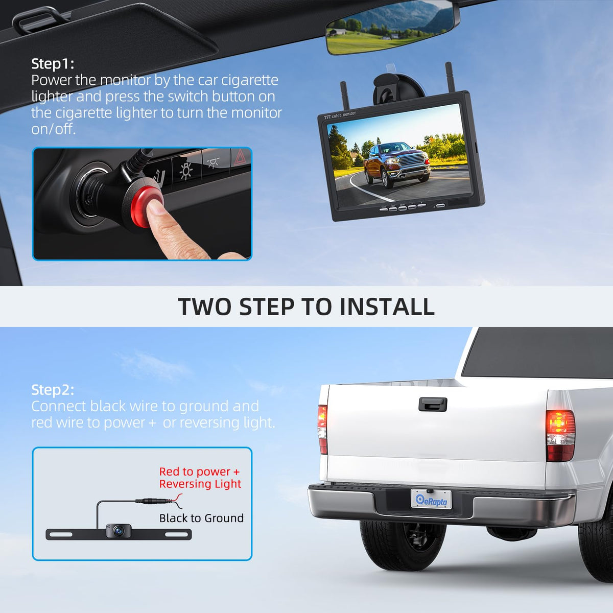 eRapta license-plate camera mounted for wide rear visibility