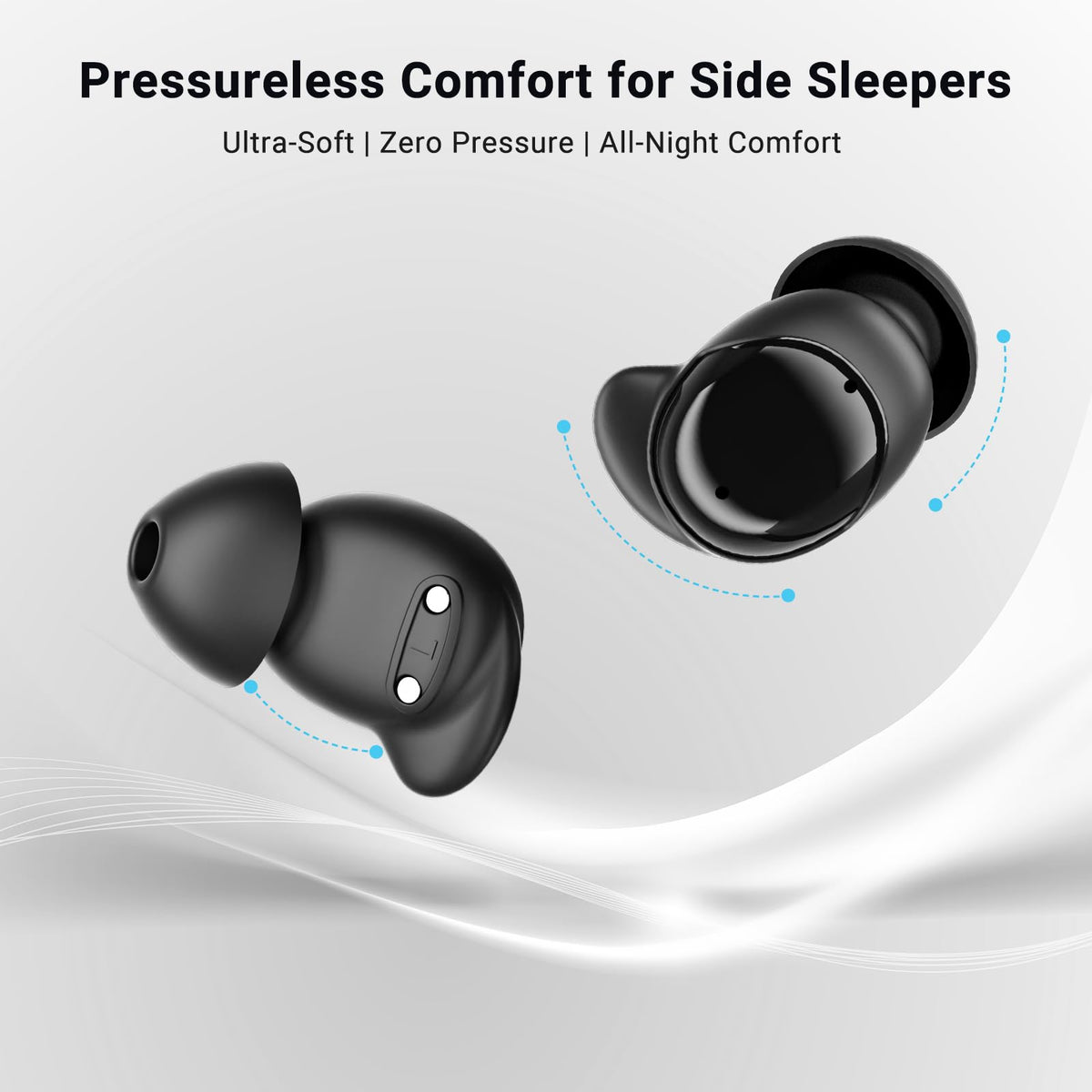 Person sleeping on their side wearing Ertuly T33 earbuds for pressure-free nighttime comfort