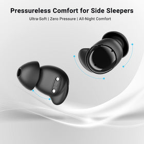 Person sleeping on their side wearing Ertuly T33 earbuds for pressure-free nighttime comfort