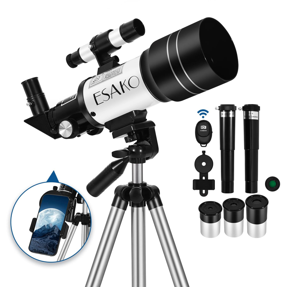 ESAKO telescope front view showing tube and mount for easy setup