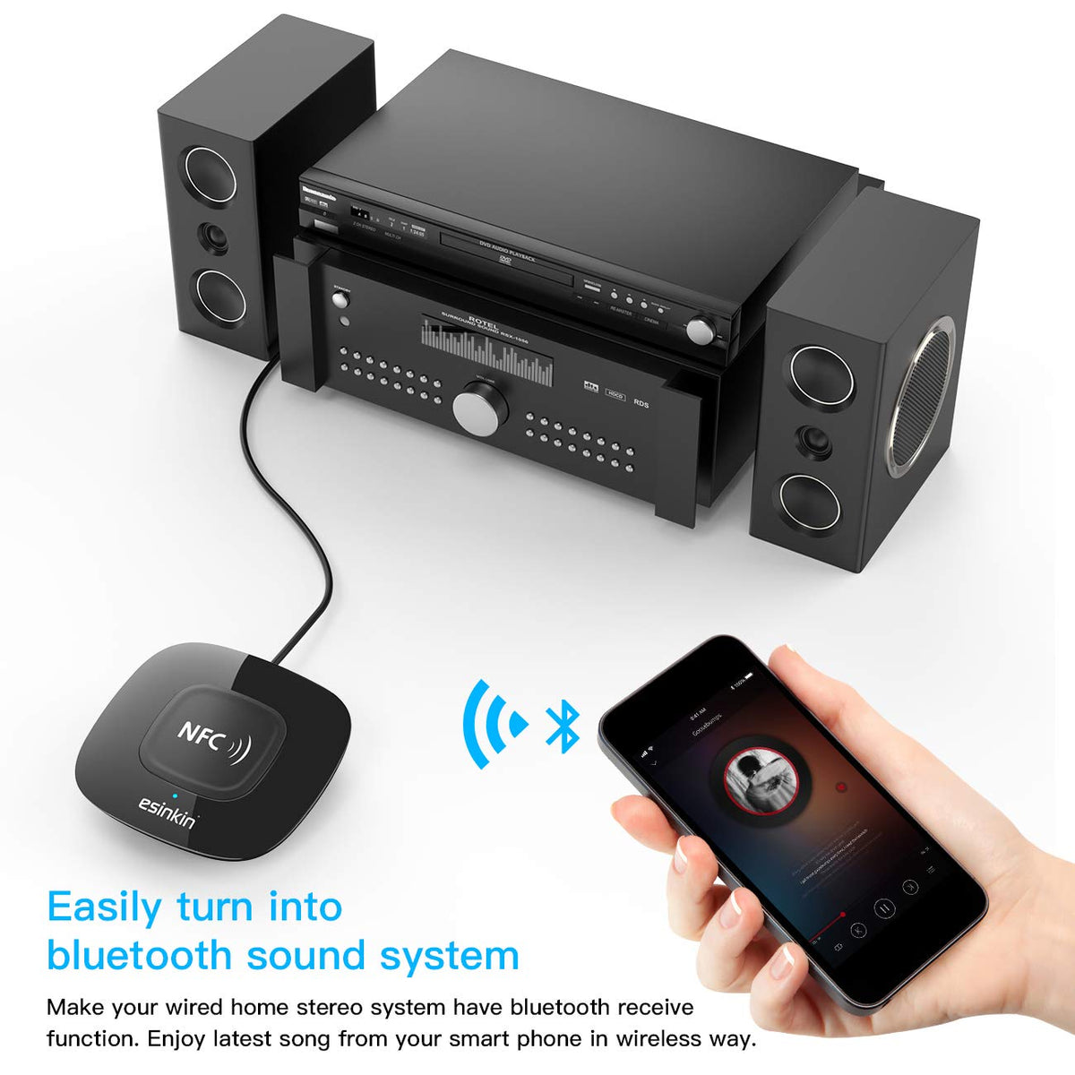 Esinkin adapter connected to a home stereo enables seamless 3.5mm AUX or RCA playback.