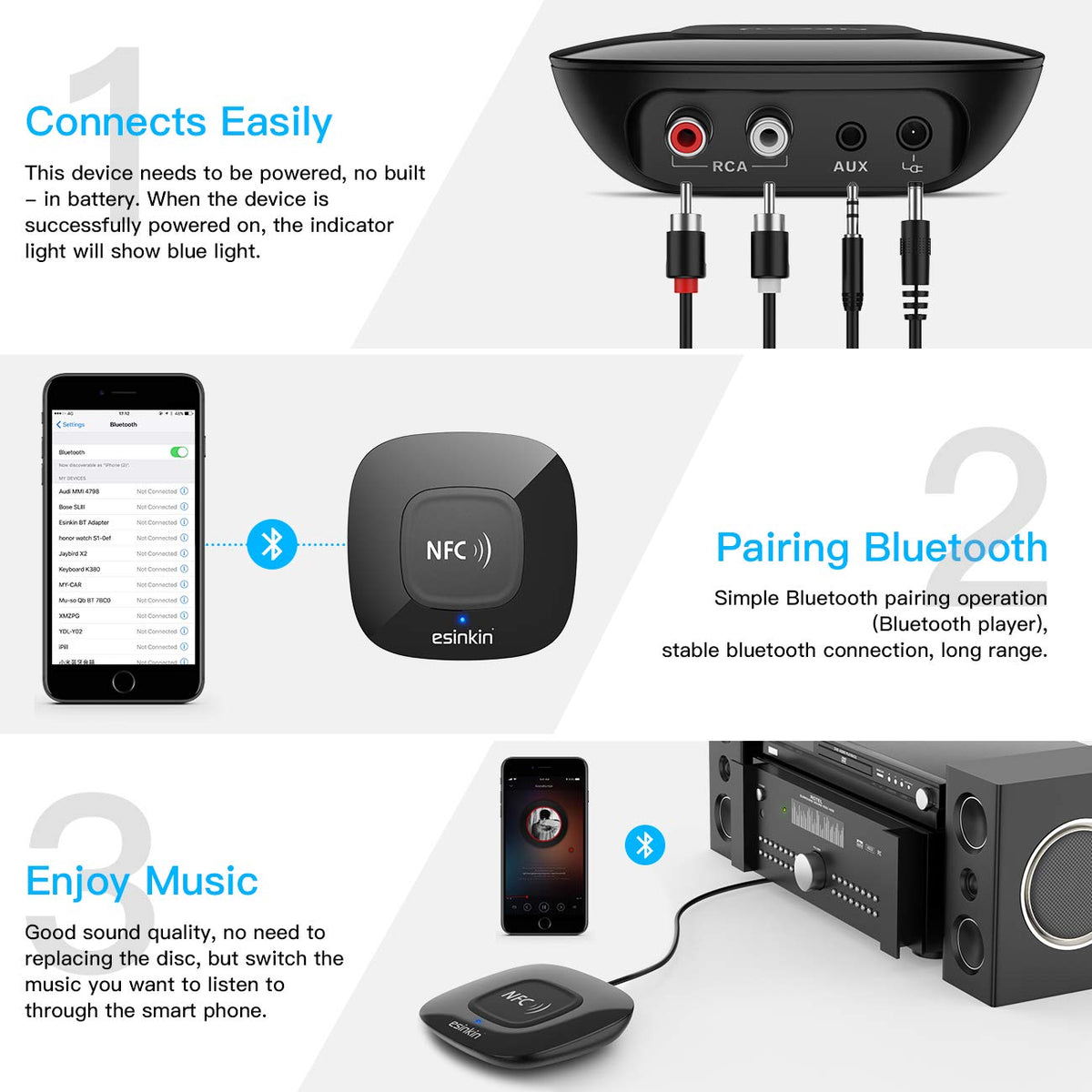 Compact Esinkin receiver shown on a living room shelf demonstrates easy portability with long-range wireless.