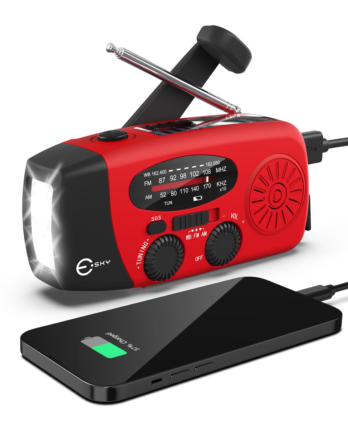 Esky emergency radio front view, compact and storm-ready.