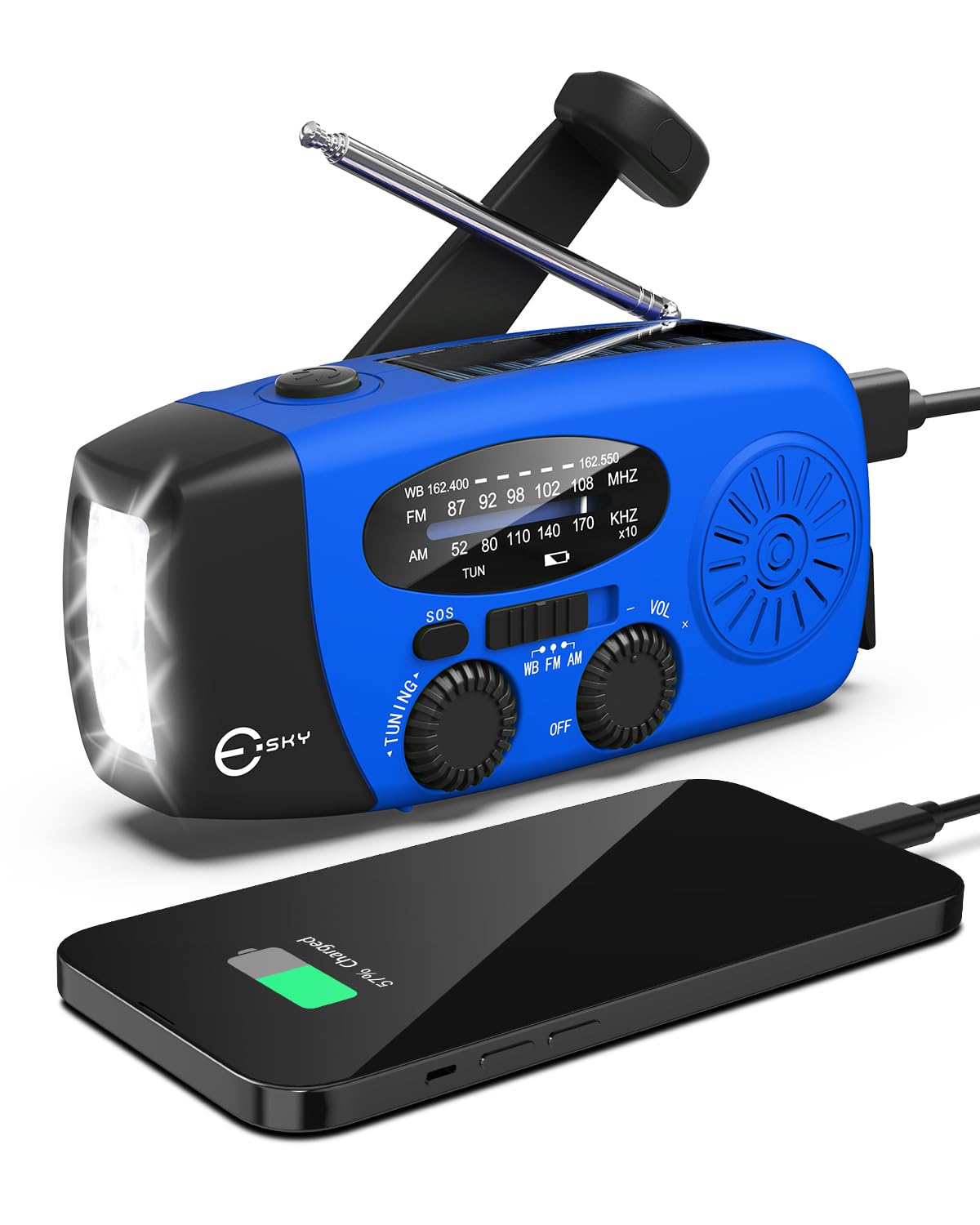 Esky emergency hand crank radio front view shows compact, ready-to-use survival tool.