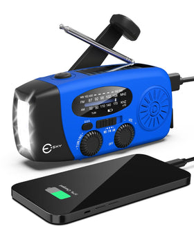 Esky emergency hand crank radio front view shows compact, ready-to-use survival tool.