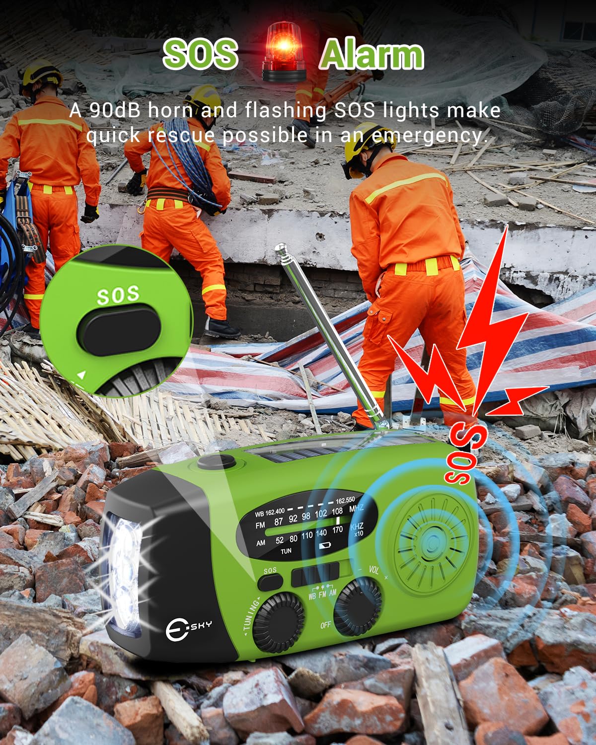 Esky emergency radio highlighting built in 2000mAh battery for power and lighting