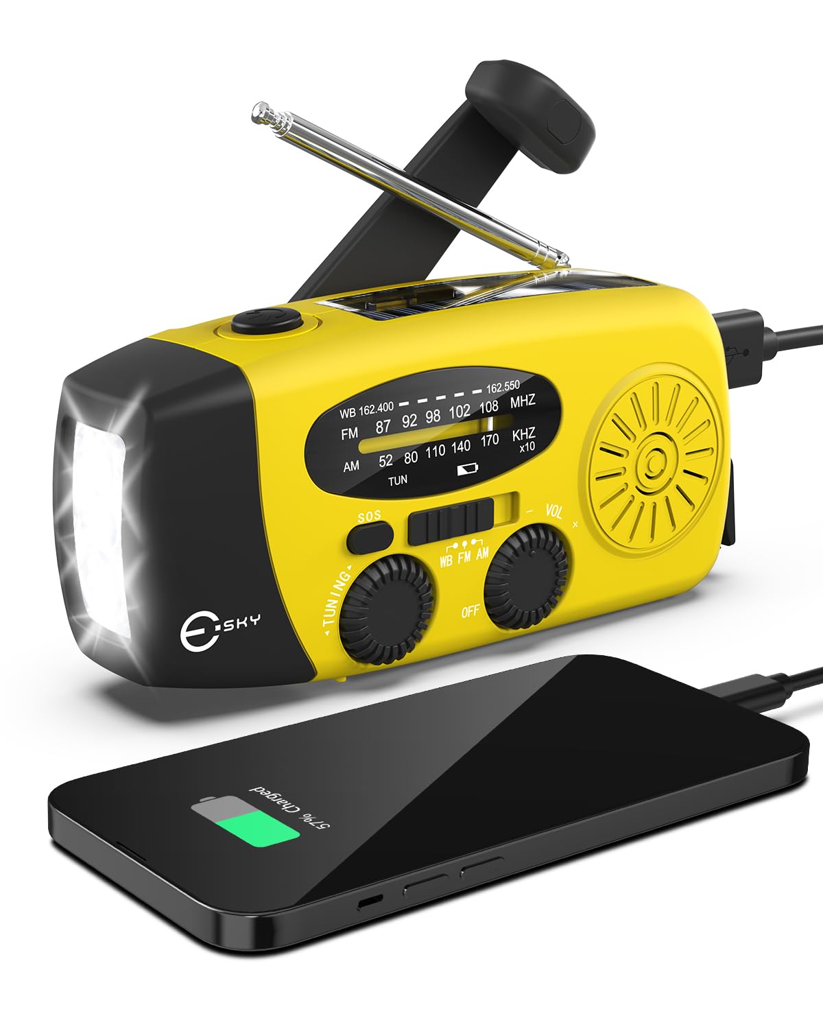 Esky emergency radio with hand crank for power during outages.