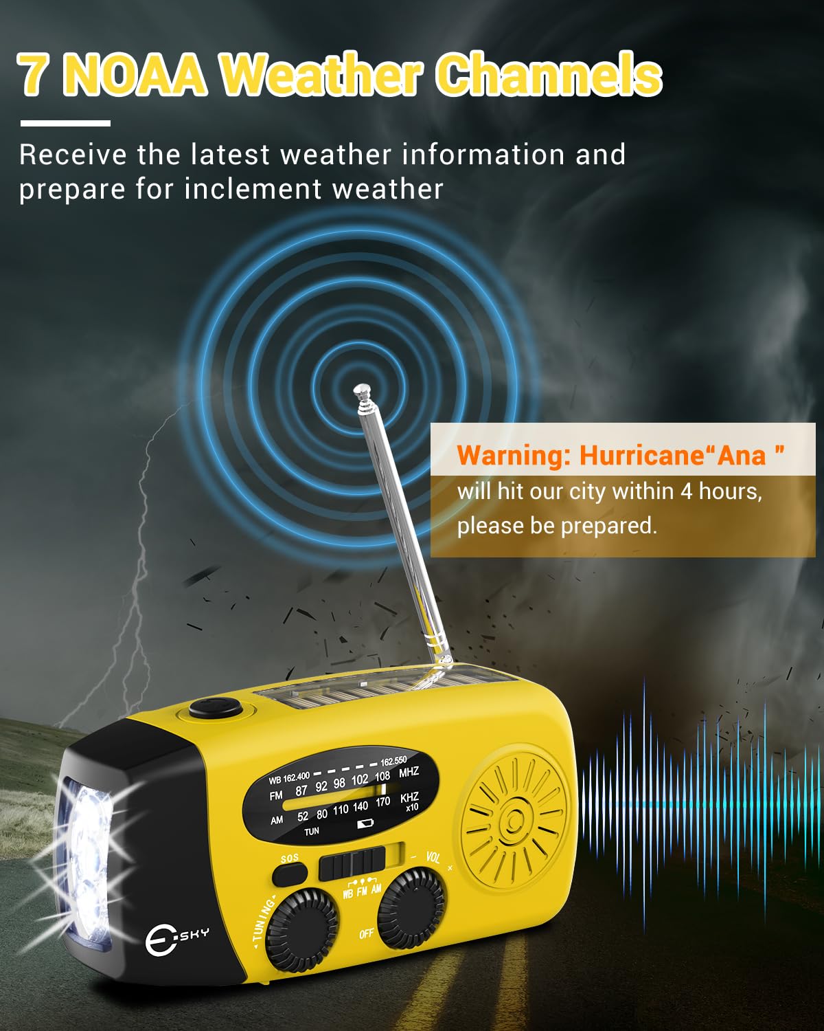 Esky solar panel powers the radio for off-grid charging.