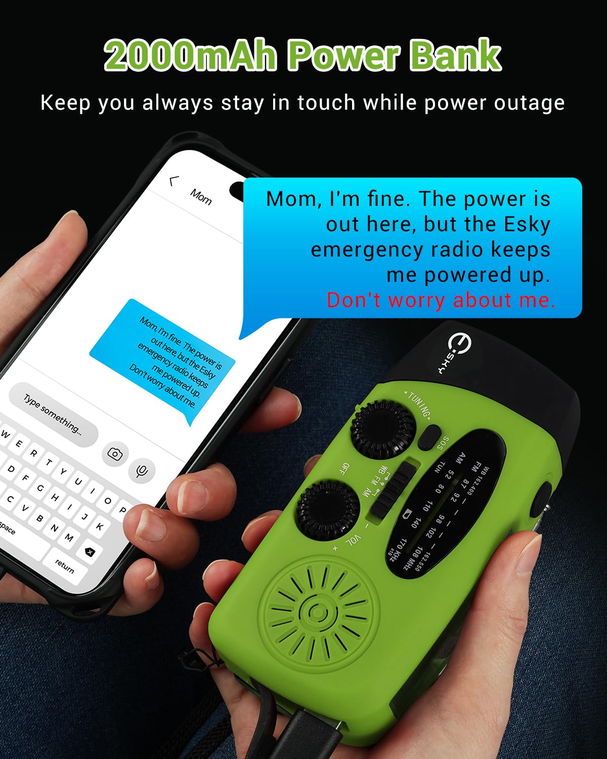 Compact Esky emergency radio showing solar and USB charging versatility