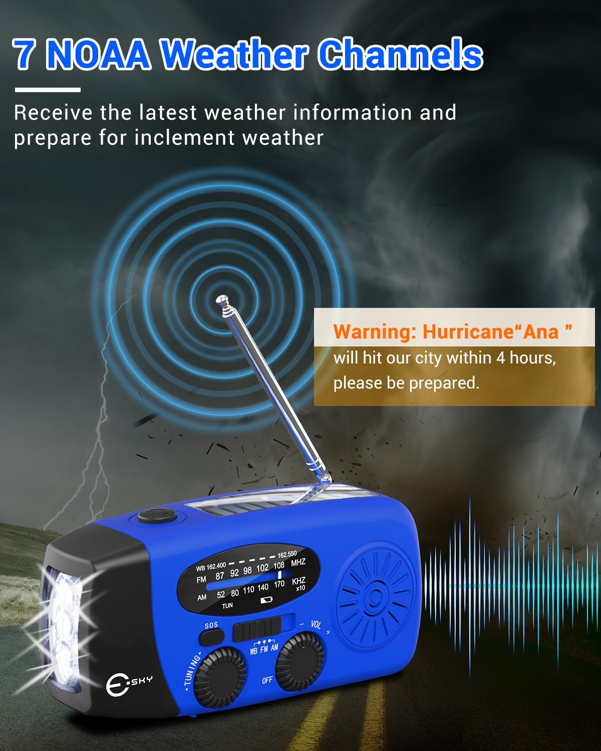 Esky emergency radio USB charging port close-up highlights versatile power options.