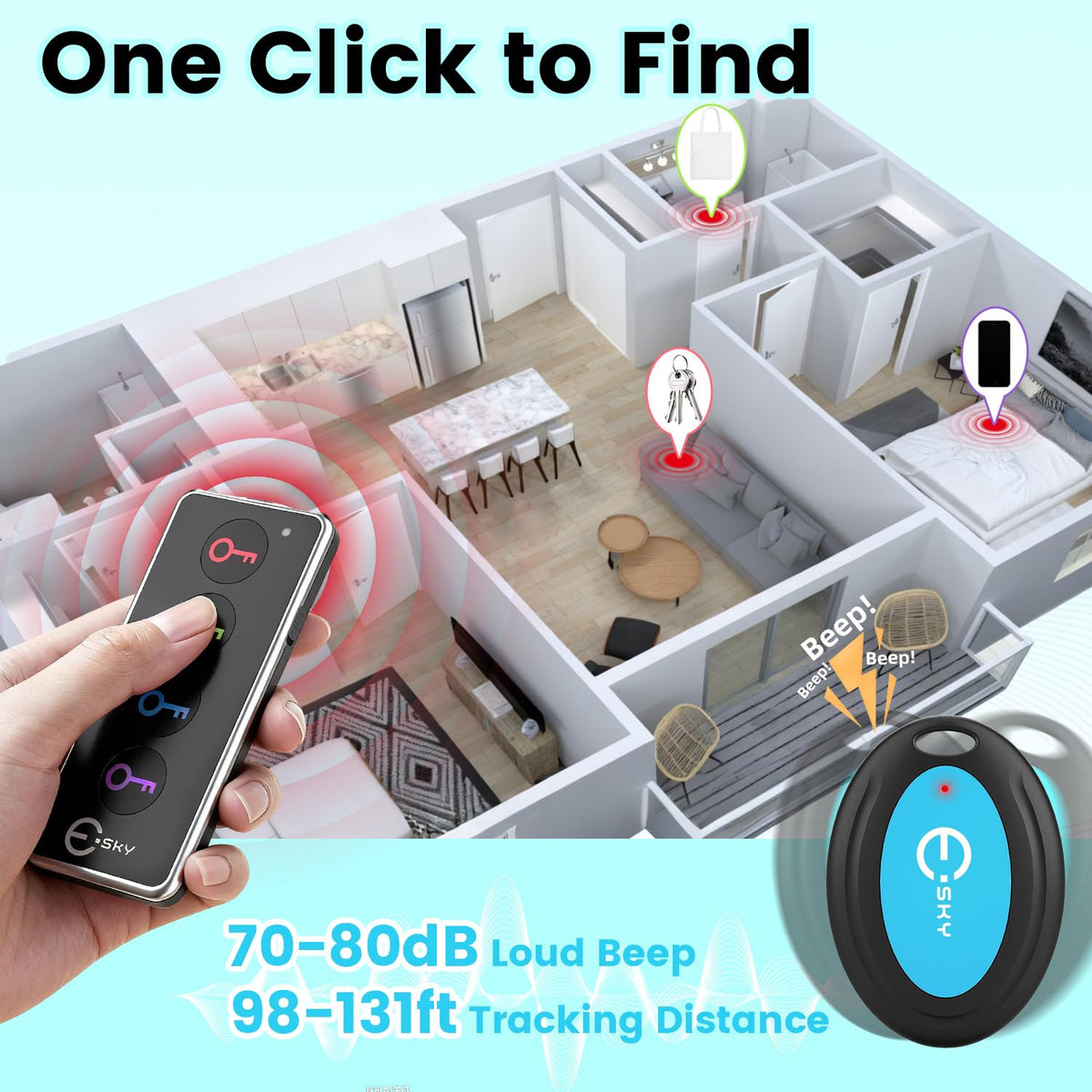 Esky key finder LED light helps locate items in dark spaces.