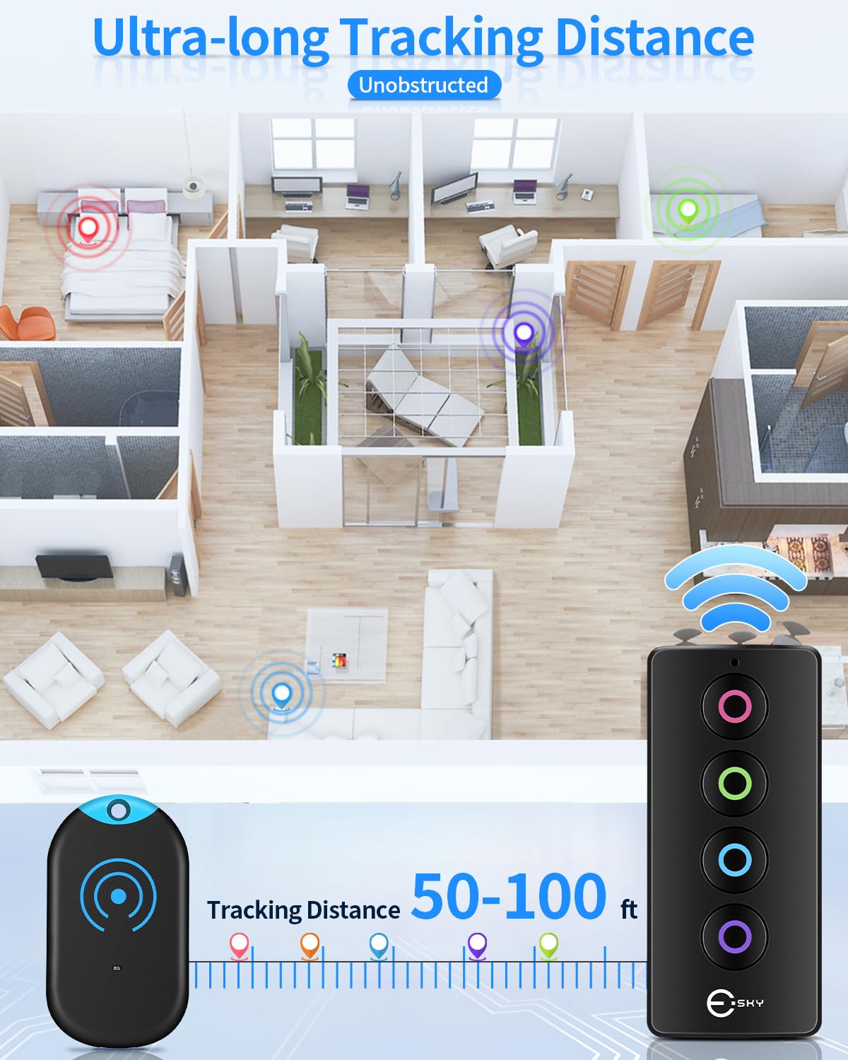 Esky Ultra Slim Key Finder includes four receivers to track multiple items at once