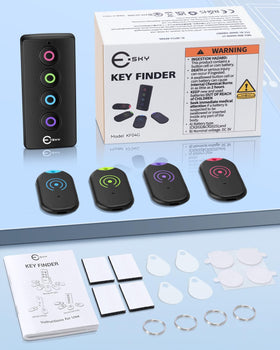 Esky Ultra Slim Key Finder packaging includes batteries and mounting accessories