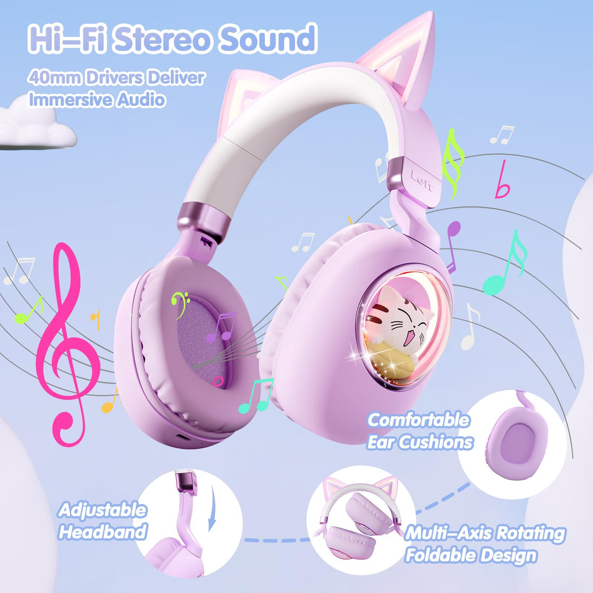 esonstyle cat-ear headphones Bluetooth 5.4 with wired 3.5mm option for versatile devices