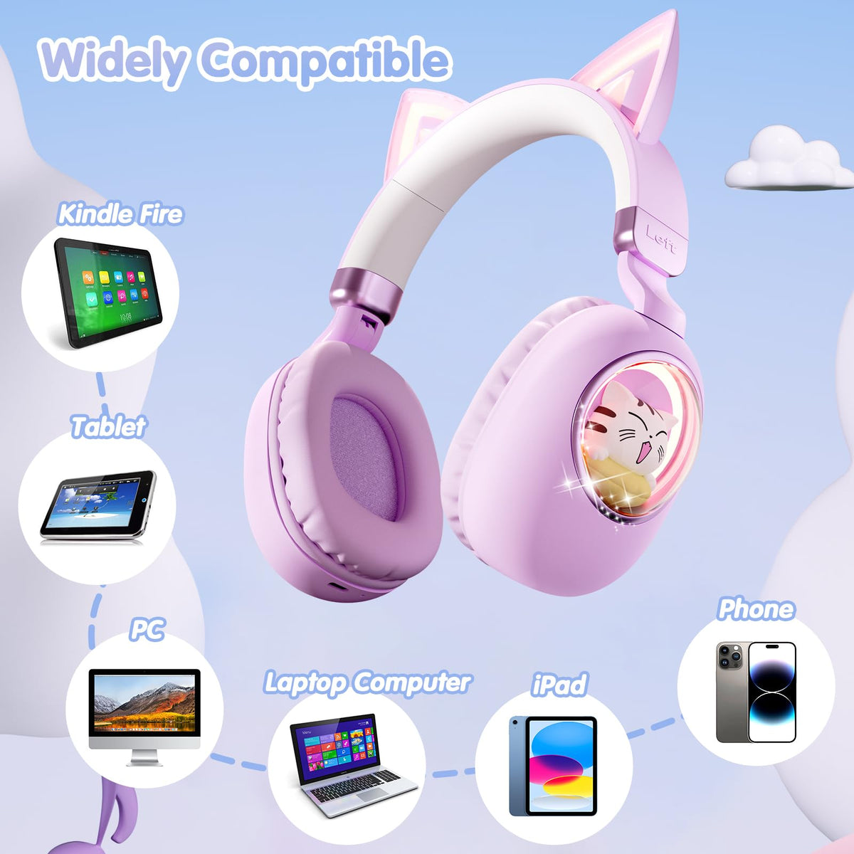 esonstyle cat-ear headphones with silent-stretch headband for comfy all-day wear