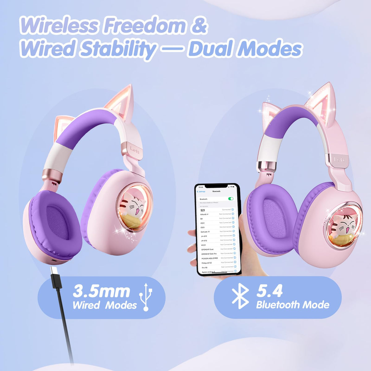 esonstyle Kids Headphones Cat Ear Bluetooth 5.4 connection for wireless freedom