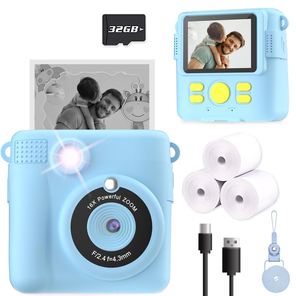 ESOXOFFORE front view showing blue camera and packaging, highlights kid-safe design