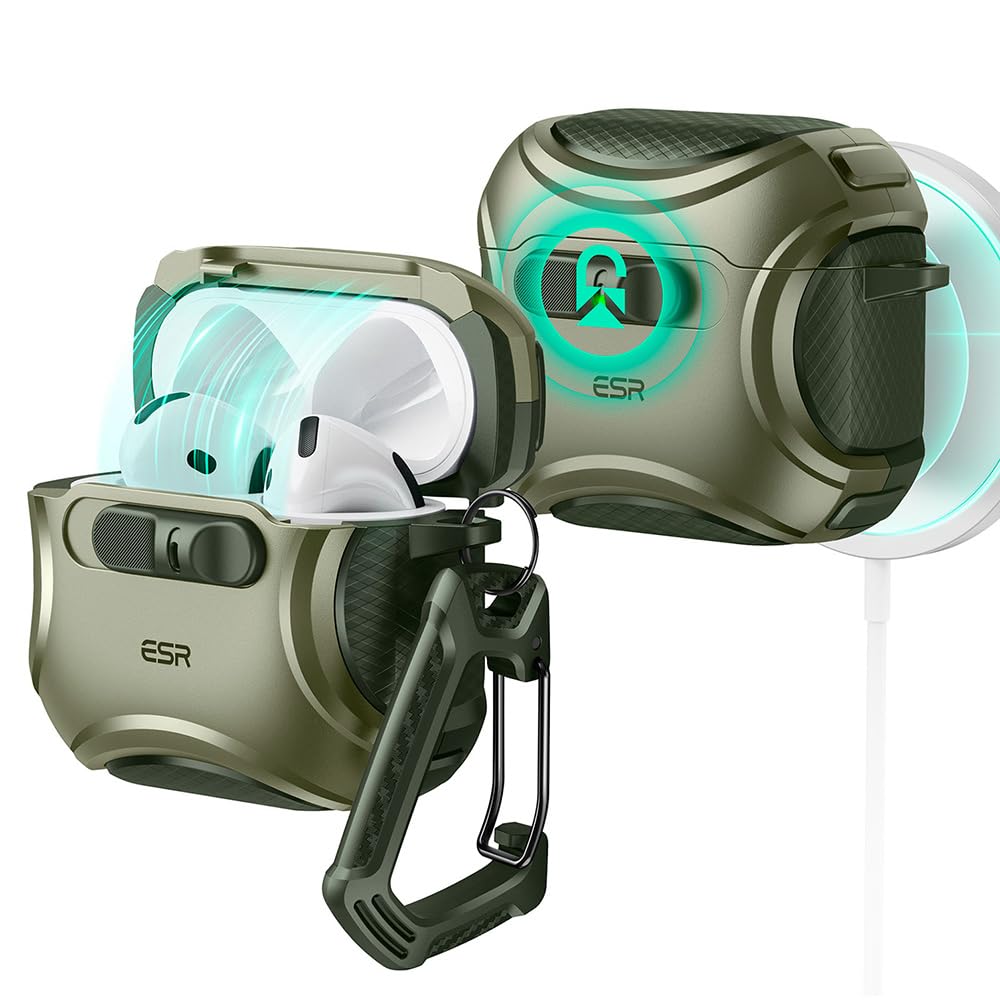 ESR AirPods 4 case in army green, front view with rugged Cyber Series protection