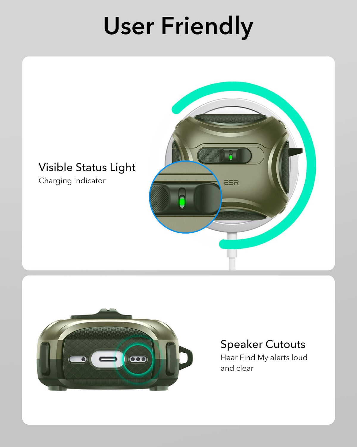 ESR AirPods 4 case army green on desk with magnetic latch visible