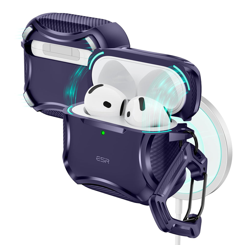 ESR Cyber Series AirPods 4 case front view in purple showing snug fit
