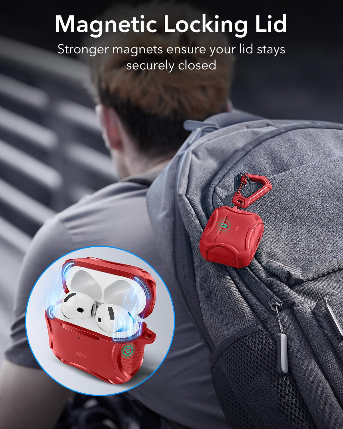 ESR AirPods 4 Cyber Series red lid close-up showing magnetic locking.