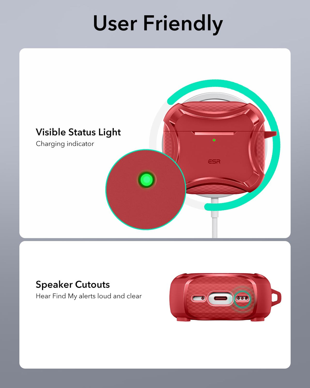 ESR AirPods 4 Cyber Series red packaging and setup resources.