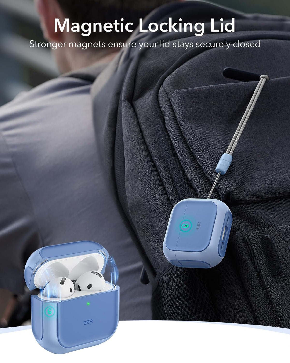 Braided lanyard attached to ESR AirPods 4 case for easy carry