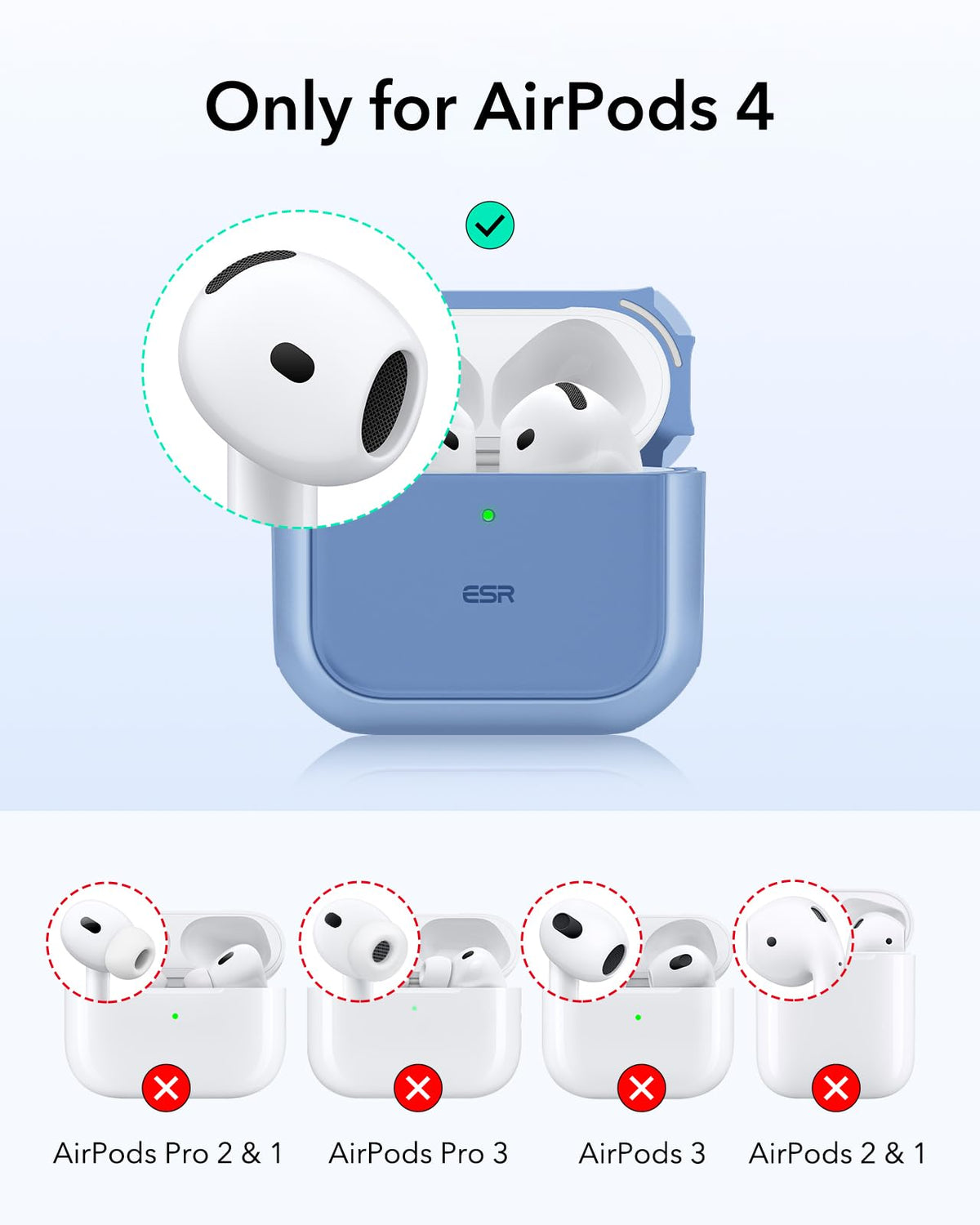 ESR AirPods 4 case blue, back magnets for secure MagSafe charging