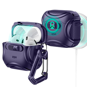 ESR AirPods 4 case purple Cyber Series, front view with secure lid for daily protection
