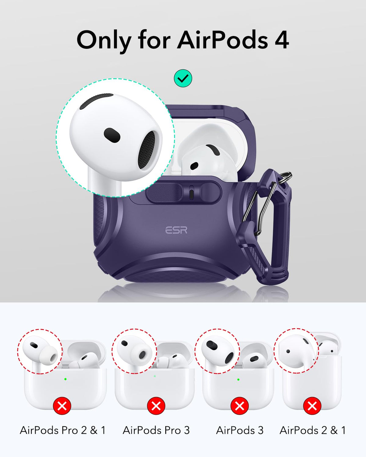 ESR AirPods 4 case purple Cyber Series, side view highlights MagSafe magnets