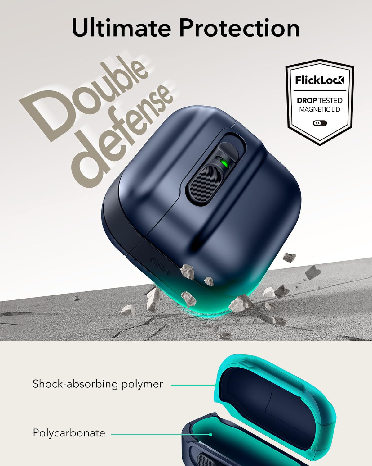 Shock-absorbing core and rugged exterior protect AirPods on the go