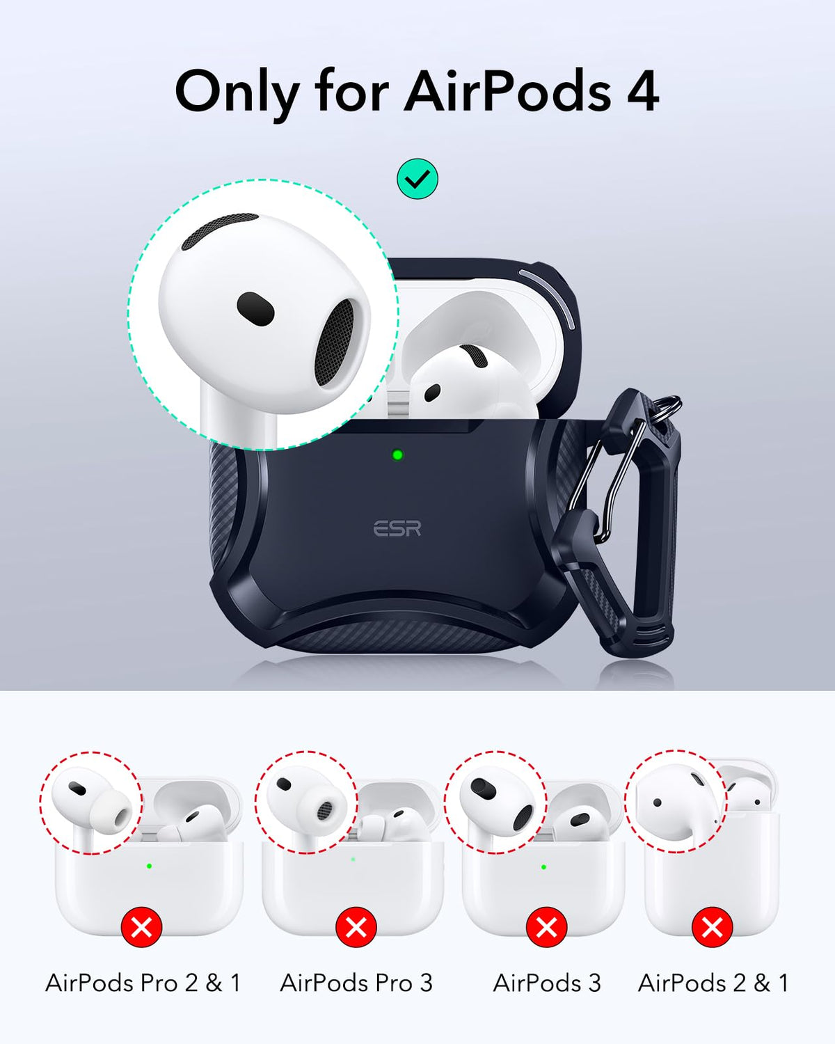 ESR AirPods 4 Cyber Blue case back view highlights rugged corner protection.