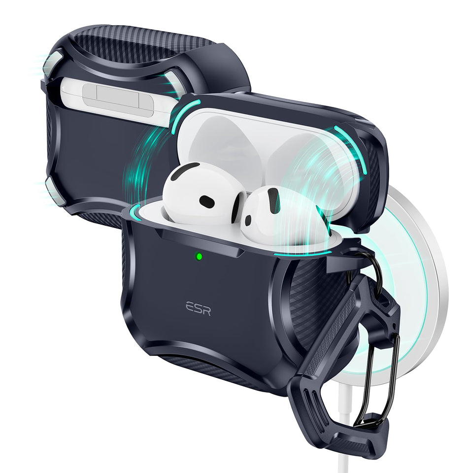 ESR AirPods 4 Cyber Blue case front view shows MagSafe compatibility and secure protection.