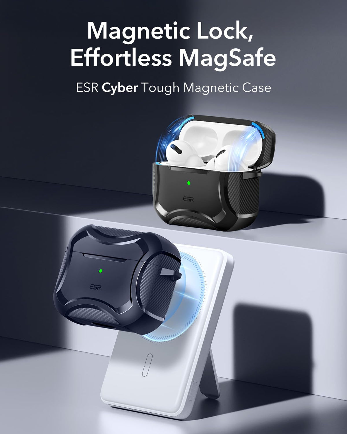 ESR AirPods 4 Cyber Blue case lid closed emphasizes magnetic locking for secure closure.