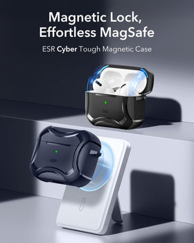 ESR AirPods 4 Cyber Blue case lid closed emphasizes magnetic locking for secure closure.