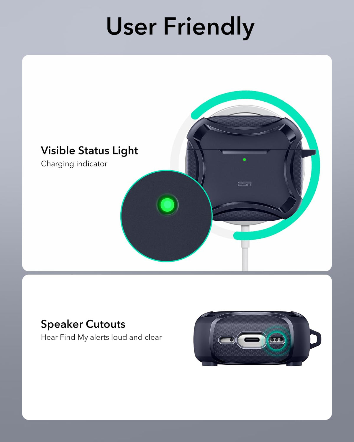 ESR AirPods 4 Cyber Blue case USB-C compatible design for safe charging on the go.