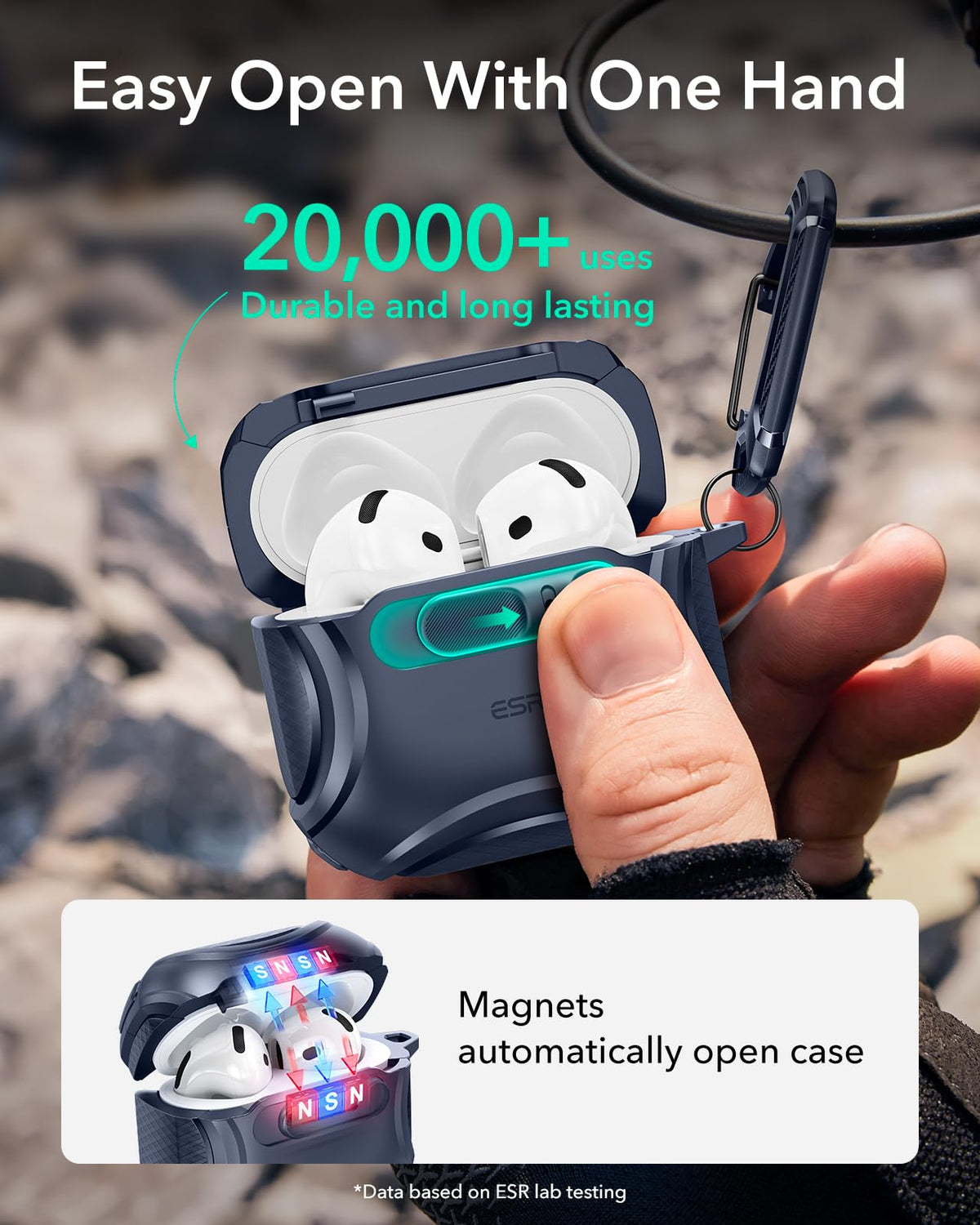 ESR AirPods 4 Cyber Series blue latch-close action shows quick access with strong magnets.