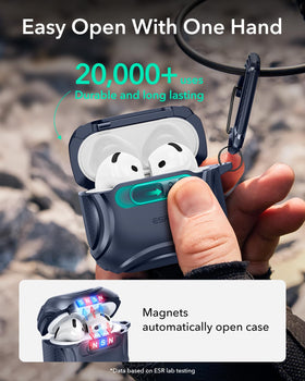 ESR AirPods 4 Cyber Series blue latch-close action shows quick access with strong magnets.