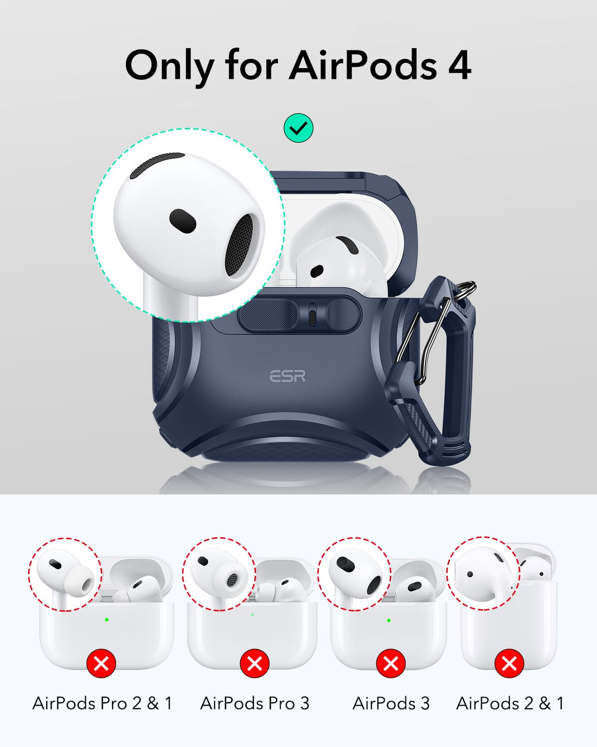 ESR AirPods 4 Cyber Series blue side view highlighting secure magnets for drop protection.