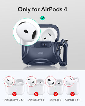 ESR AirPods 4 Cyber Series blue side view highlighting secure magnets for drop protection.
