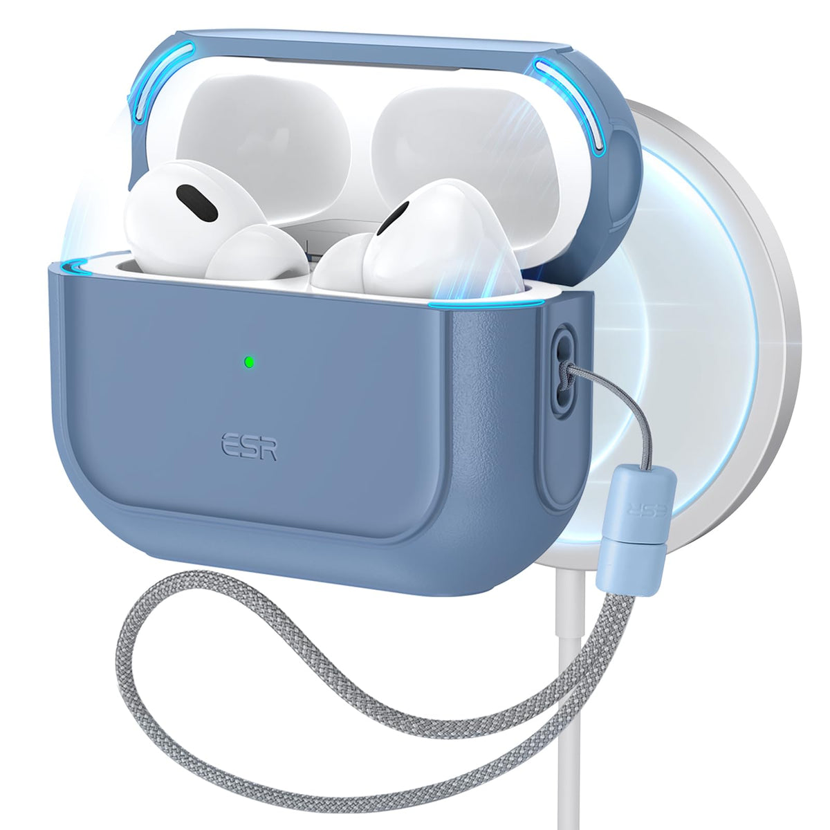 ESR AirPods Pro 2 blue case front view showing secure protection and MagSafe readiness.