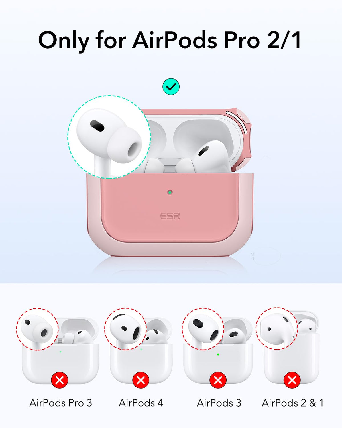 ESR AirPods Pro 2 case pink back view with drop protection for daily use.