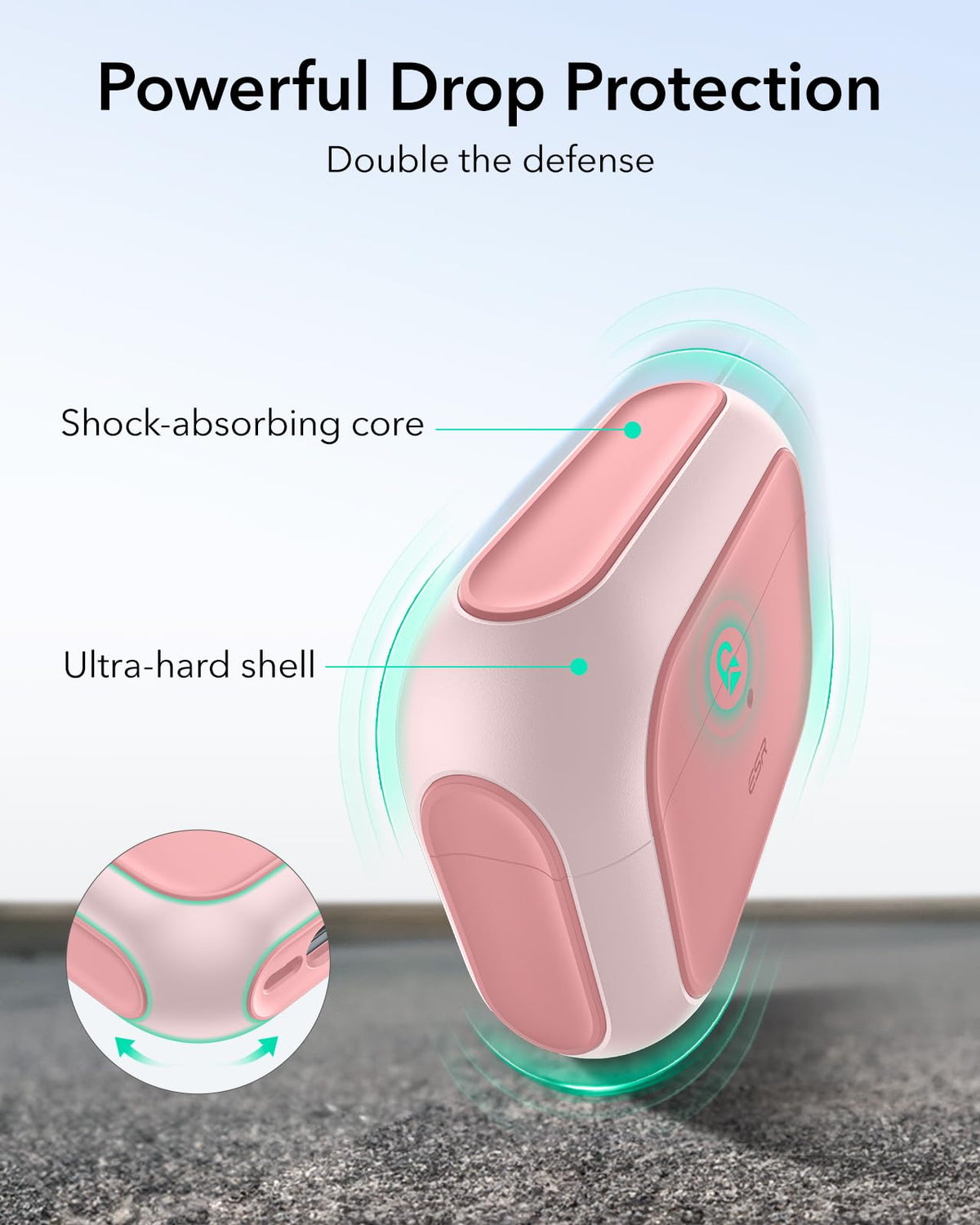 ESR AirPods Pro 2 case pink, braiding cord allows bag or belt attachment.