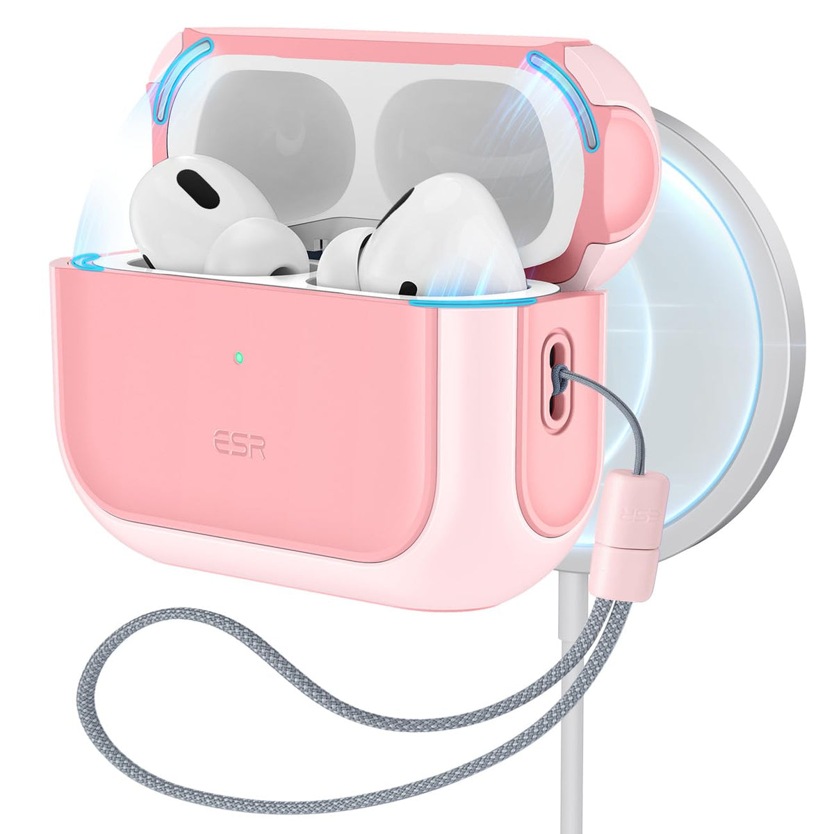 ESR AirPods Pro 2 case pink front view highlights MagSafe compatibility.